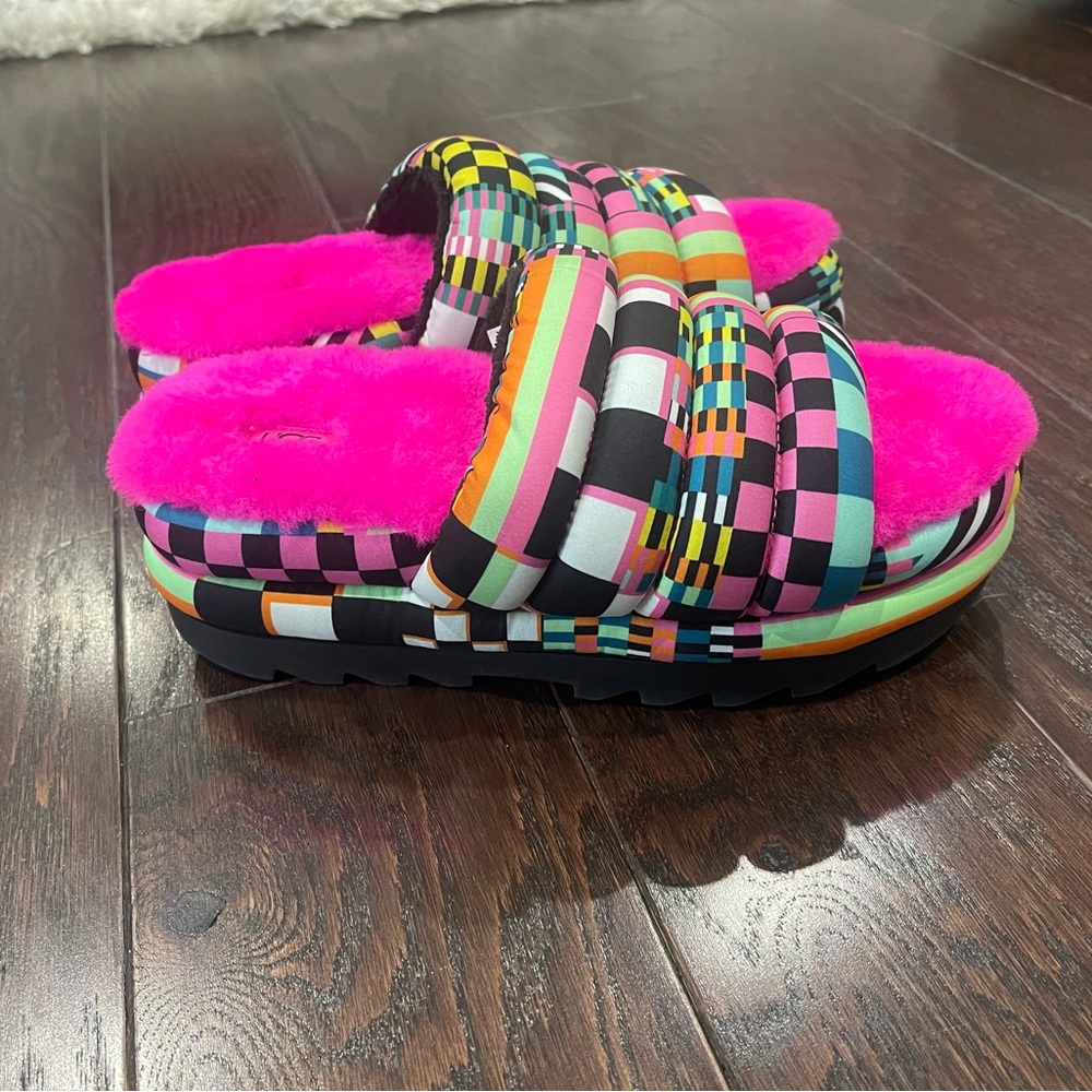 UGG Multicolor Check Pattern Platform Slide Sandals